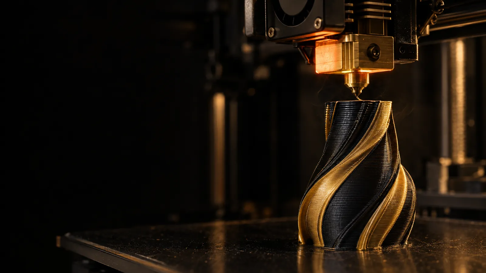Close-up van een printkop die zwart en goud filament laag voor laag opbouwt