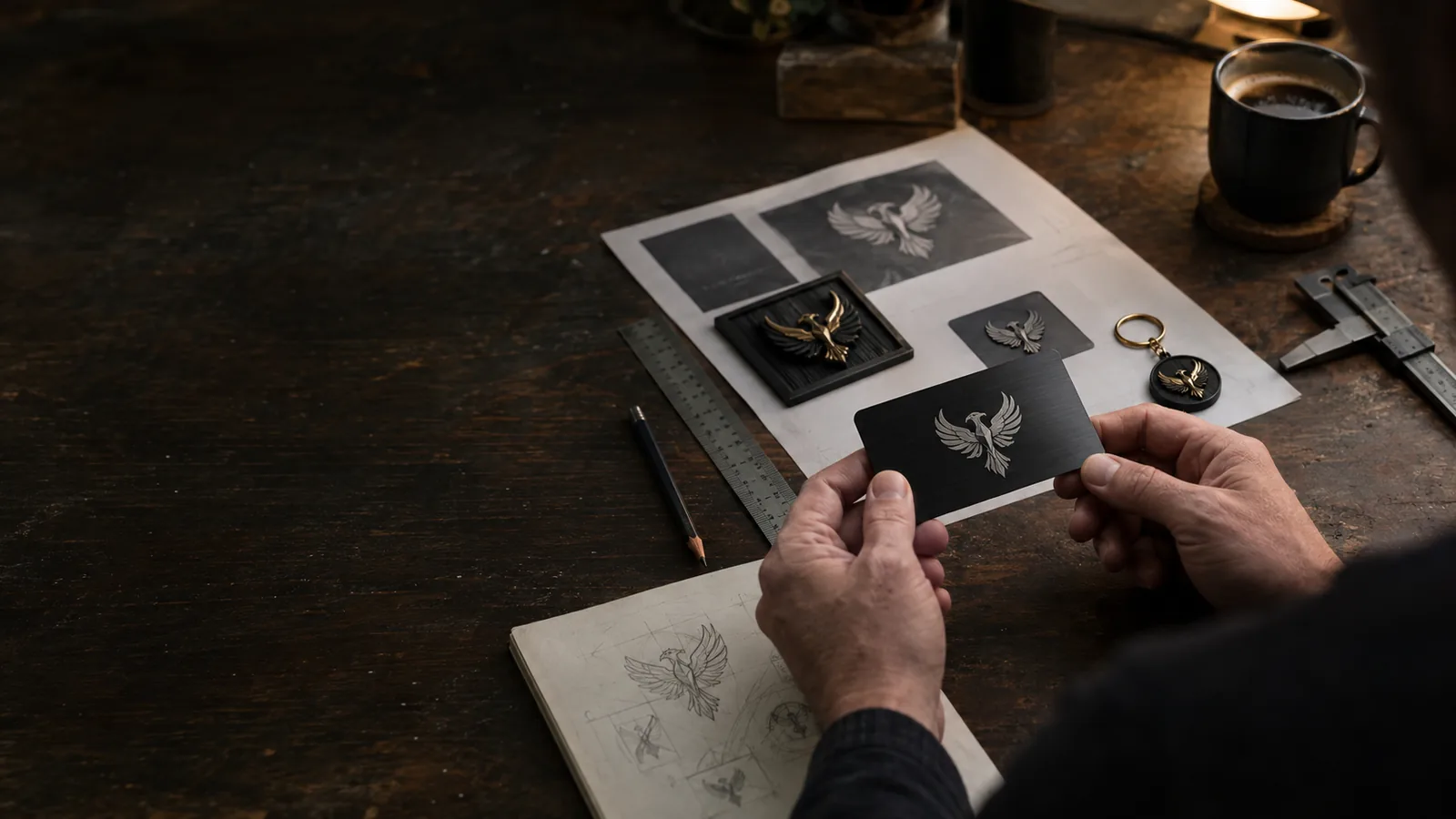Voorbeelden van een metalen visitekaartje, magneetbord en NFC-sleutelhanger