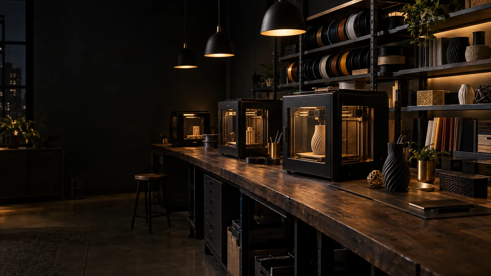 Interieur van het FluxLab3D-atelier met machines, werkbank en materiaalrekken in warm licht