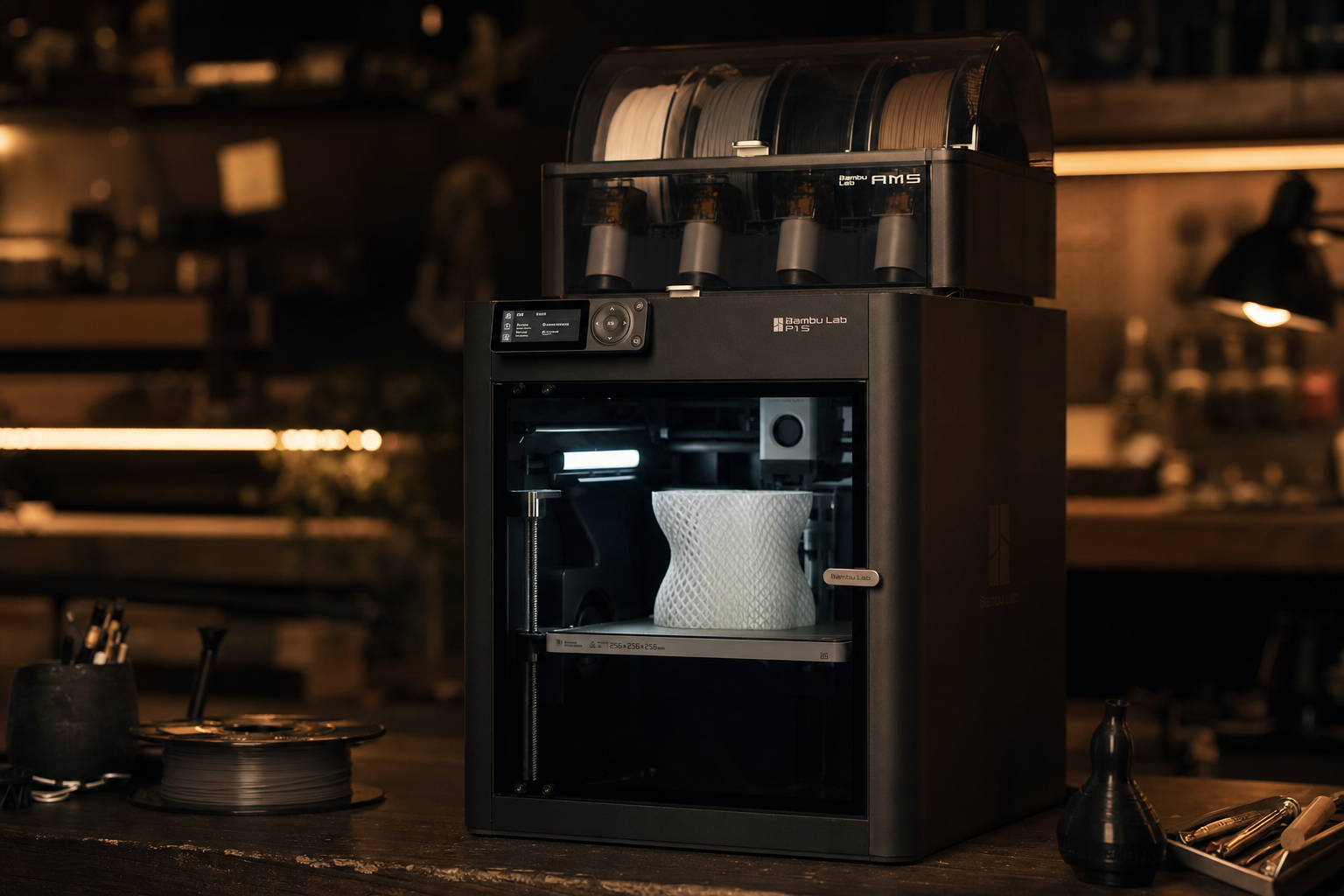 Interieur van het FluxLab3D-atelier met een 3D-printer in werking onder warm sfeerlicht
