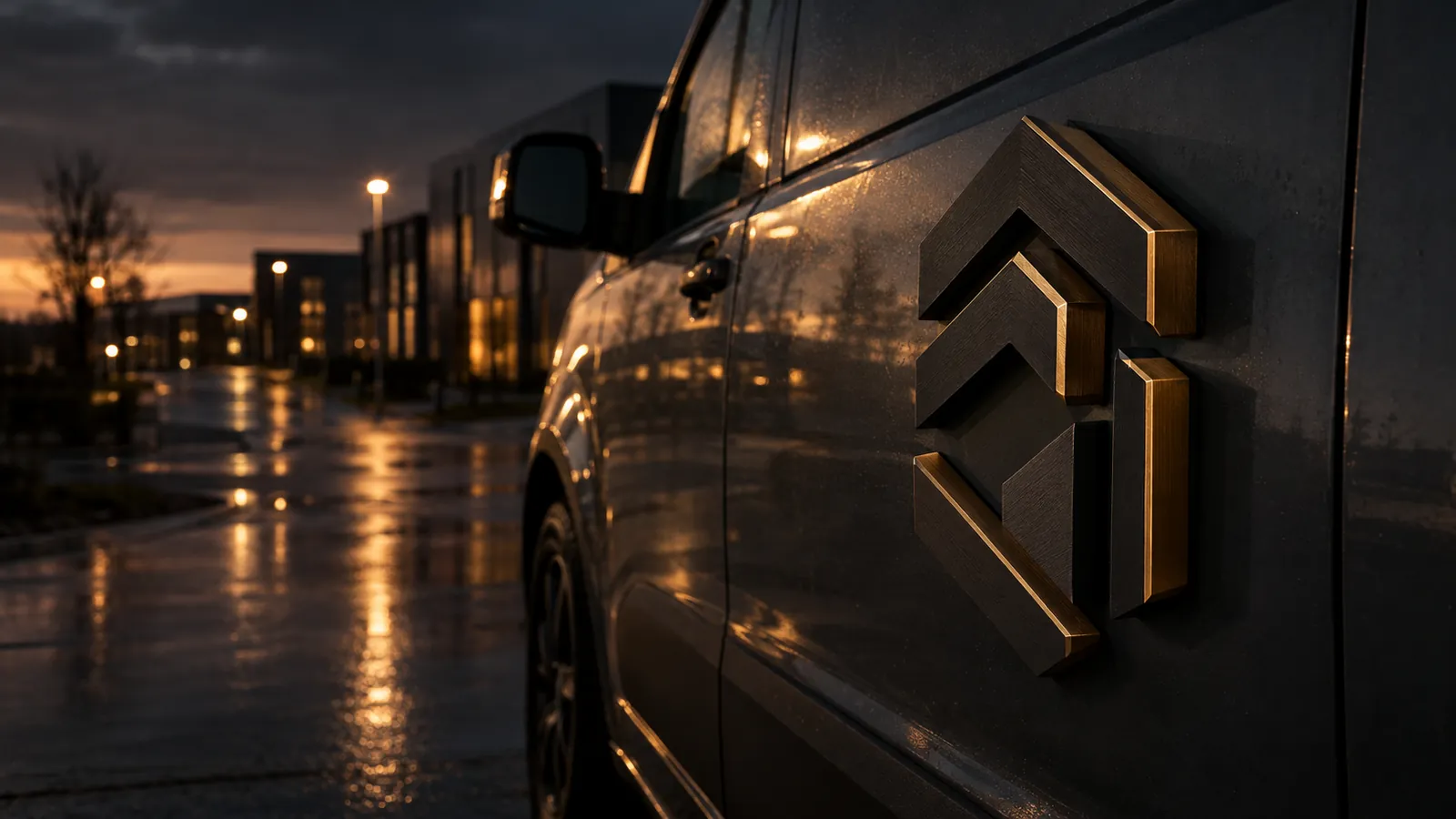 Donkergrijze bestelbus met een zwart-goud 3D-reliëf magneetbord op de deur