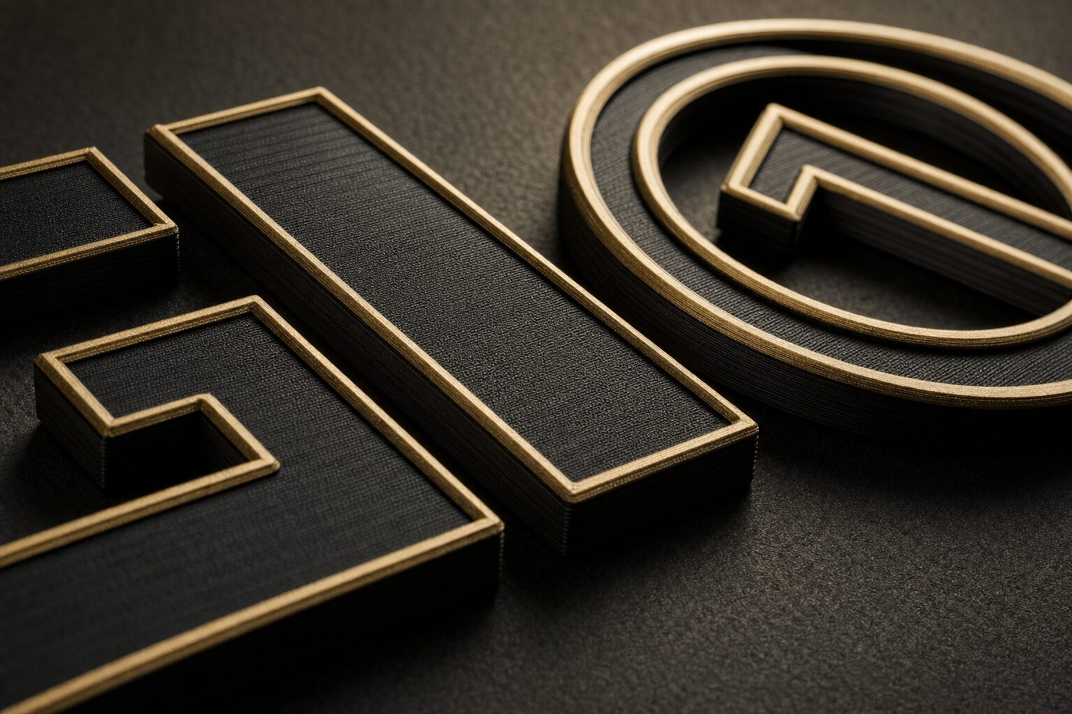 Macro-detail van scherp 3D-geprinte letters met gouden rand op een donker oppervlak