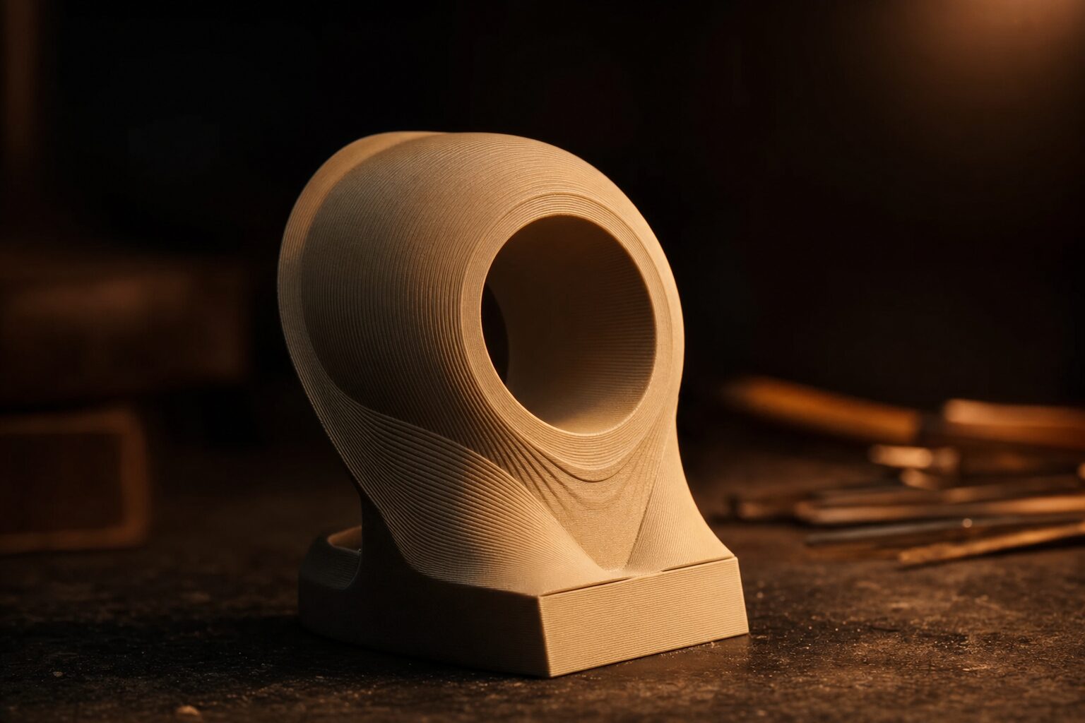 Macro-opname van een 3D-geprint object in het FluxLab3D-atelier, warm goudlicht op een donkere achtergrond