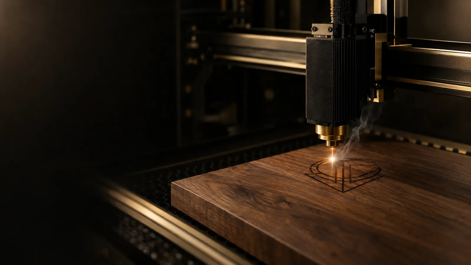 Lasermodule graveert een geometrisch embleem in een walnoten plank