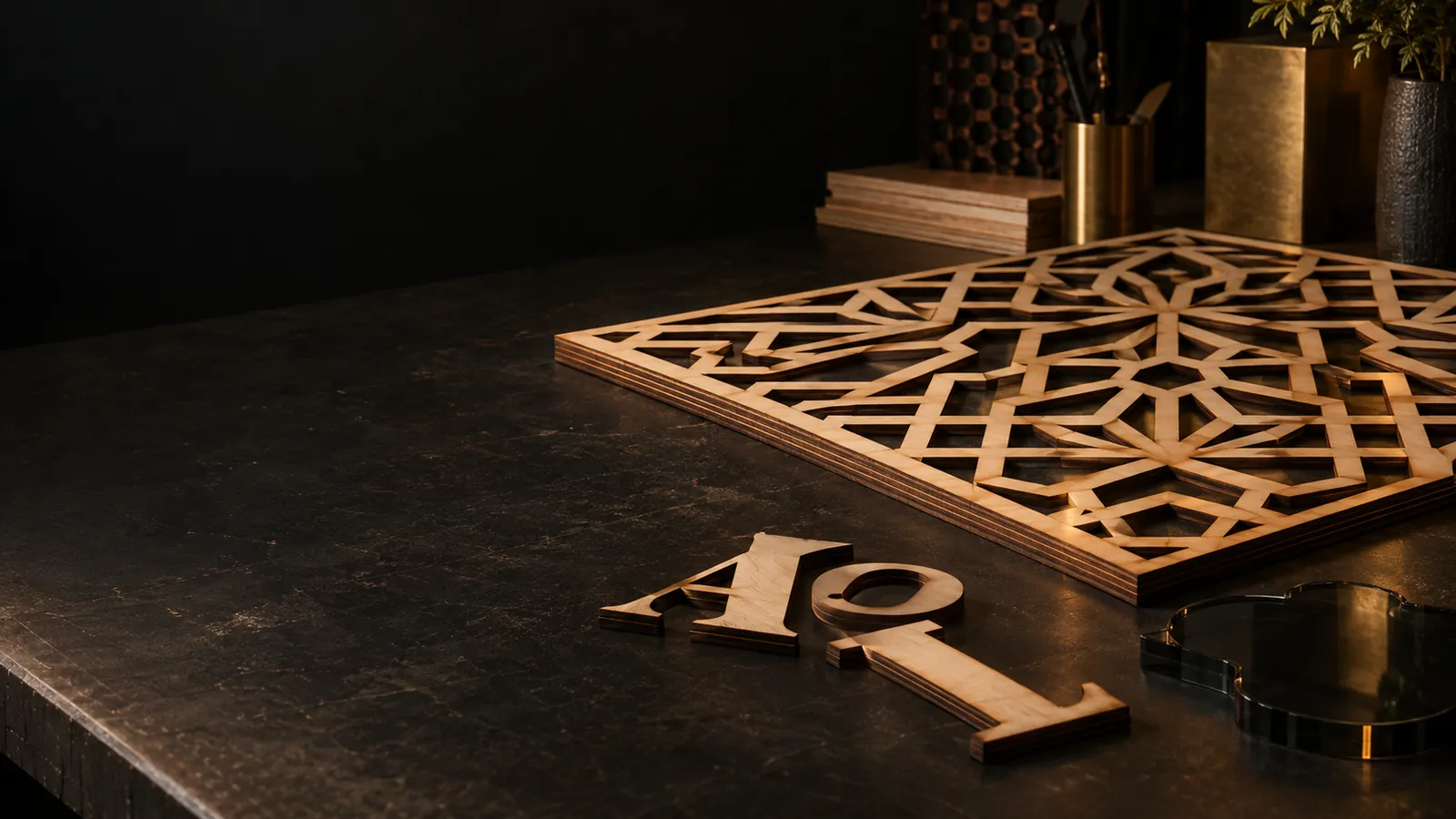 Lasergesneden berken multiplex paneel met geometrisch patroon en houten letters