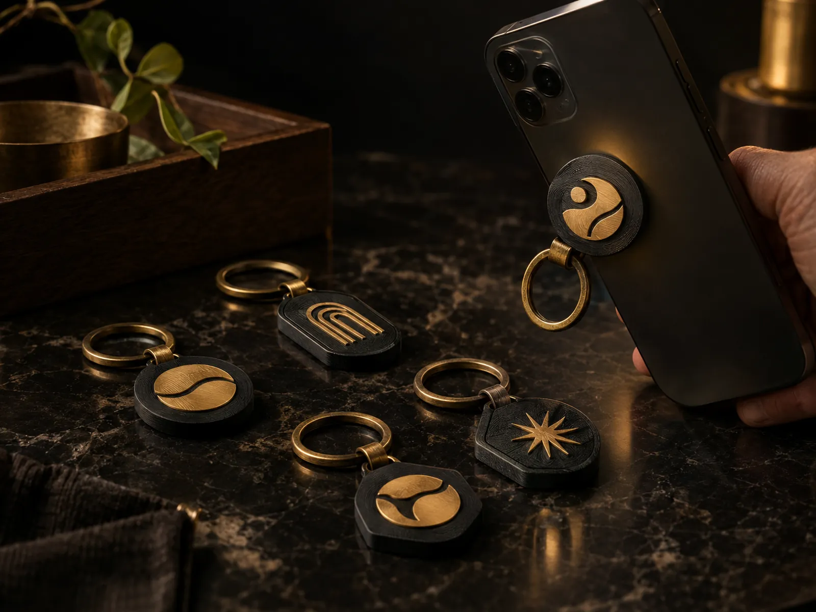 Zwart-gouden 3D-geprinte NFC-sleutelhangers op marmer, één wordt tegen een telefoon gehouden