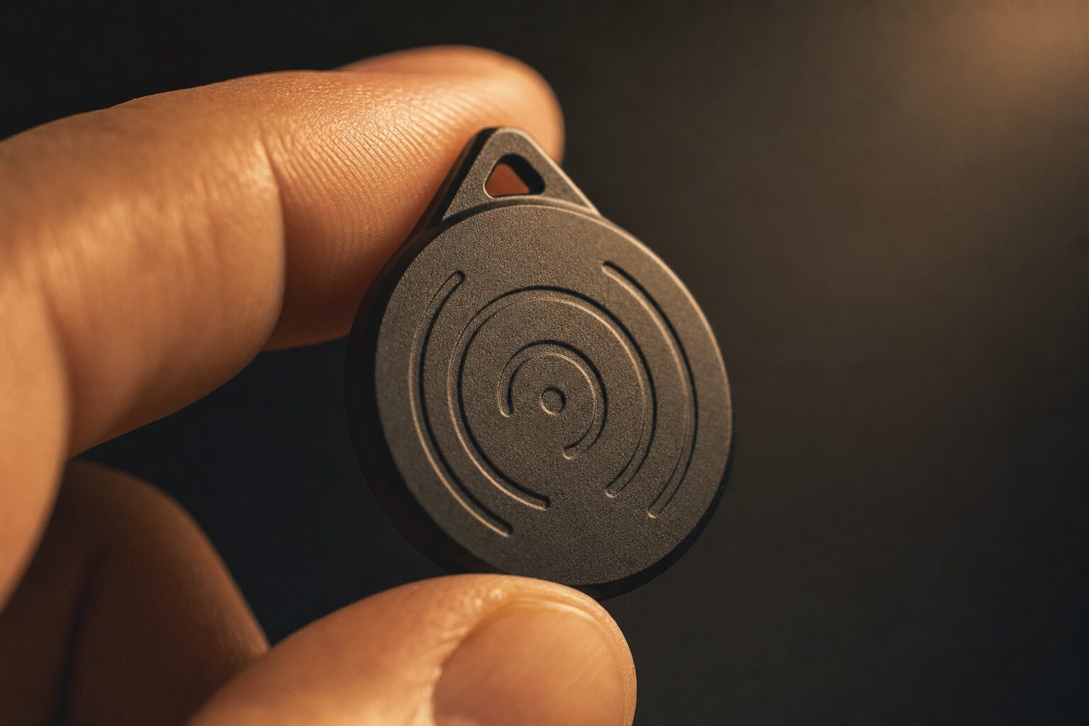 Macro-detail van een op maat gemaakte NFC sleutelhanger tussen vingertoppen