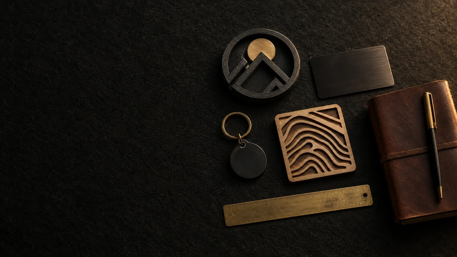 Flat lay van een 3D-reliëfembleem, metalen visitekaartje, NFC-sleutelhanger en lasergesneden hout naast een messing liniaal