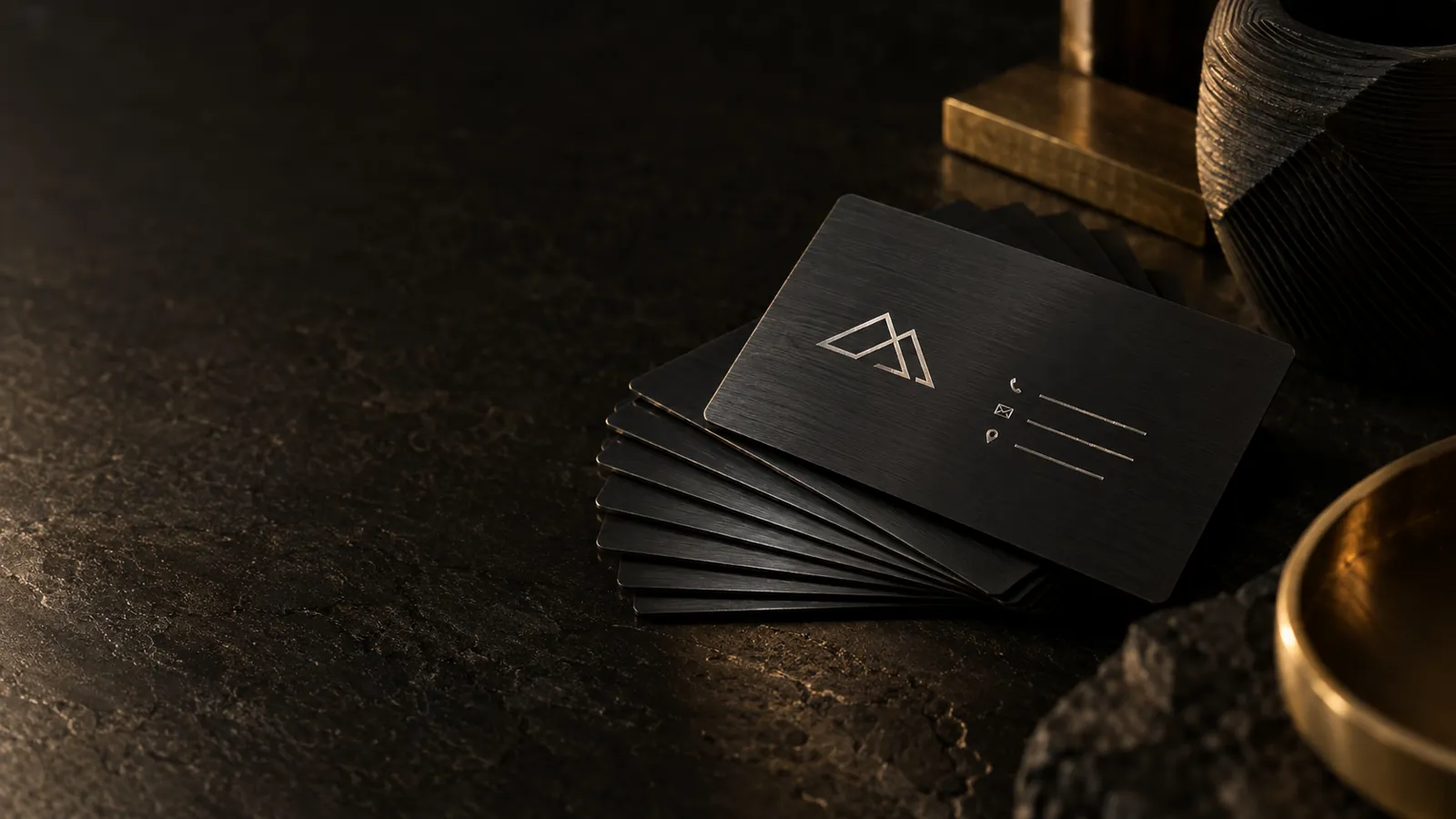Stapel matzwarte aluminium visitekaartjes met zilverkleurig gelaserd logo